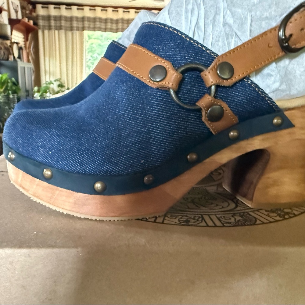 Stylish Denim and Brown Leather Clogs